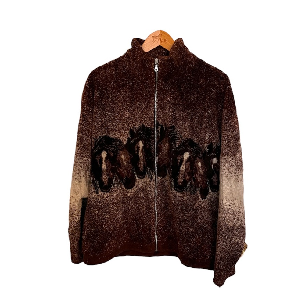 S.K. Sportswear Full Zip Fleece Sweater Mock Neck Brown Horse Themed Large - Picture 7 of 7